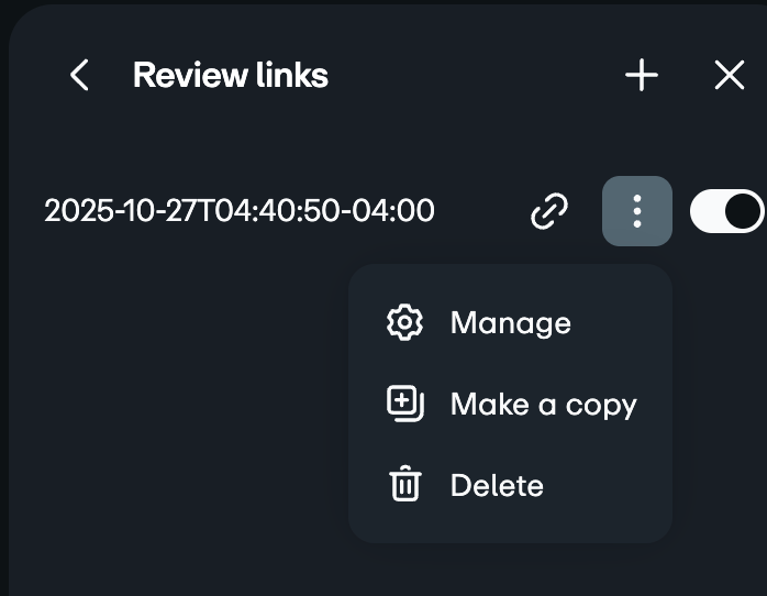 Review links" screen showing the creation date, expiration date, a 'Copy link' button, a link icon, a three-dot menu, and a toggle switch.
