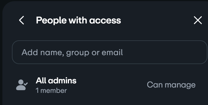 "People with access" screen showing an input field to add members and a current access group, "All admins," with "Can manage" permission.