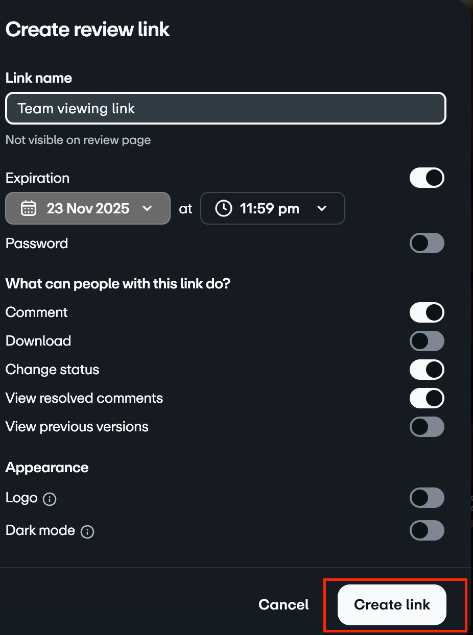 The "Create review link" configuration screen showing fields for Link name, Expiration, Password, viewer permissions like Comment and Download, Appearance toggles, and the 'Create link' button highlighted.