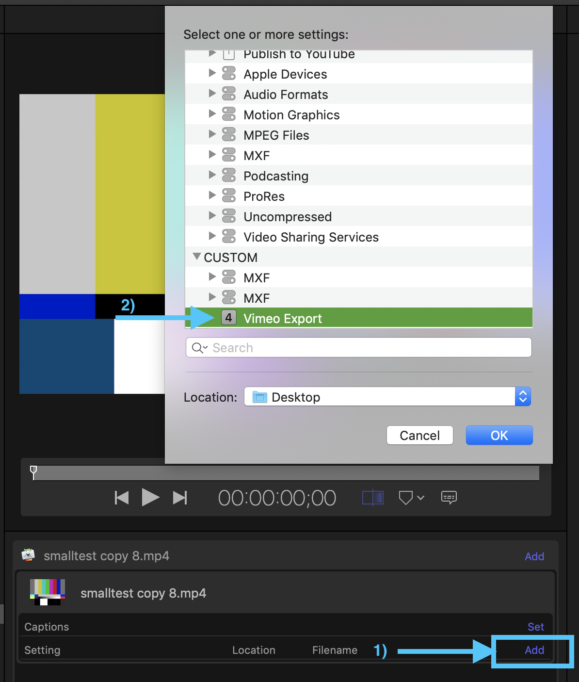 Ein Screenshot, der zeigt, wie eine Export-Voreinstellung hinzugefügt wird. Wählen Sie unten in der Benutzeroberfläche neben dem Dateinamen „Hinzufügen“ aus. Dadurch wird ein Menü geöffnet, in dem Sie Ihre Voreinstellungen auswählen können. Im Untermenü „Benutzerdefiniert“ ist „Vimeo-Export“ ausgewählt. Unter der Auswahl der Voreinstellungen können Sie auch auswählen, wohin Sie Ihre Datei exportieren möchten. Als Beispiel wird „Desktop“ ausgewählt.