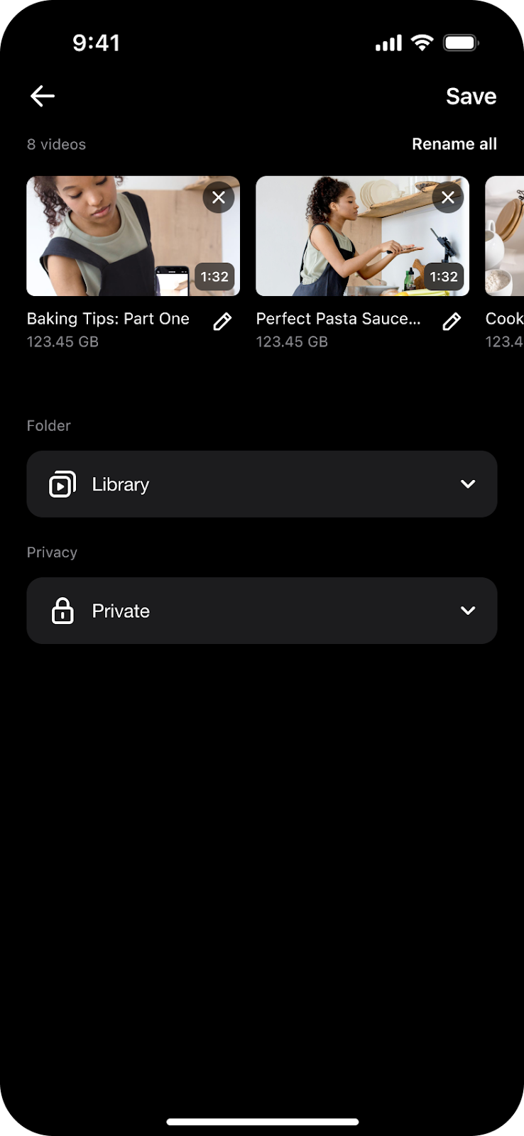 The confirmation screen for a bulk-upload batch. It displays thumbnails of multiple videos at the top. Below the videos, there are two dropdown menus: the first is for 'Folder' and is set to 'Library', and the second is for 'Privacy' and is set to 'Private'."