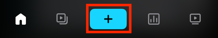 Die Navigationsleiste der Vimeo Mobile App, wobei der zentrale „hochladen“-Button rot umrandet ist. Der Button ist ein schwarzes Pluszeichen auf blauem Hintergrund.