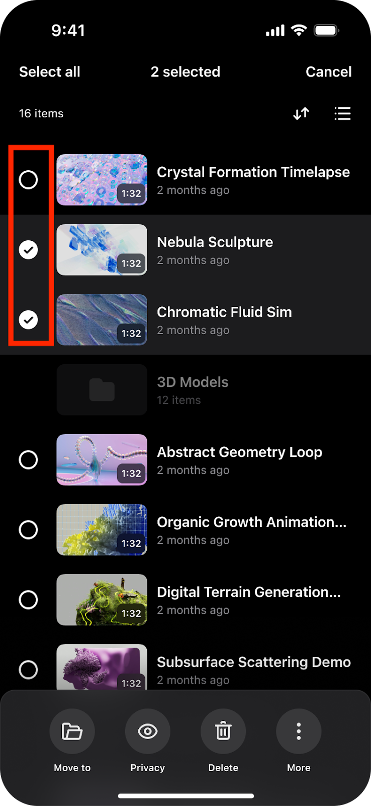 Die mobile Video Library zeigt eine Liste von Videos mit Miniaturansichten an. Das erste Kontrollkästchen ist leer, das zweite und dritte Kontrollkästchen sind mit einem Häkchen versehen, was darauf hinweist, dass eine Mehrfachauswahl durchgeführt wurde.