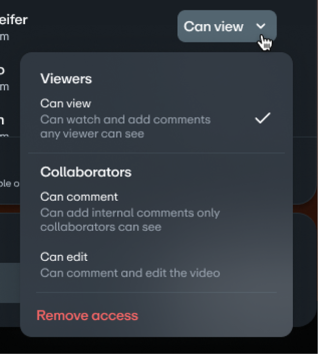 Ein Dropdown-Menü zum Festlegen von Zugriffsberechtigungen mit drei Optionen: Zuschauende (Kann ansehen), Mitarbeiter (Kann kommentieren) und Kann bearbeiten, sowie einer Option zum Entfernen des Zugriffs.