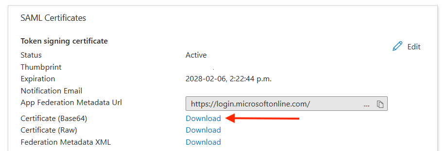 Sección de certificados SAML con una flecha que apunta al enlace de descarga del certificado