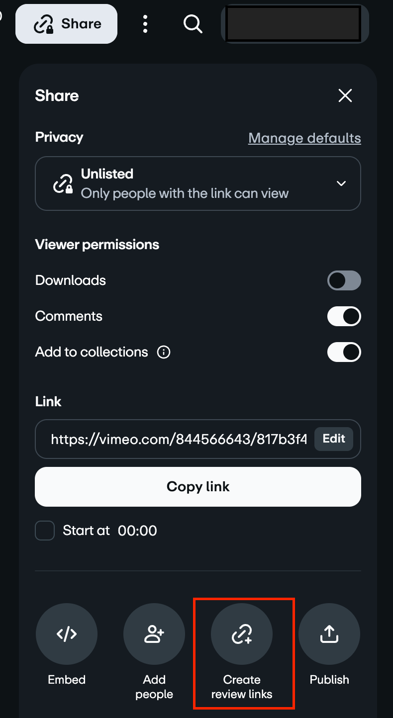 Captura de tela de um menu de compartilhamento do Vimeo mostrando configurações de privacidade, permissões do espectador, o link do vídeo e o botão “Criar links de revisão” em destaque com uma caixa vermelho.