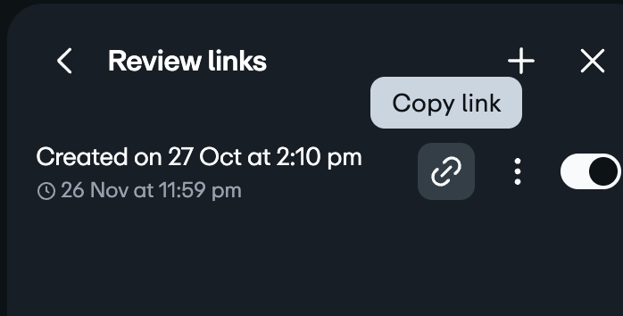 A janela do link de revisão com um link de revisão criado e um ícone de link de cópia ao lado.