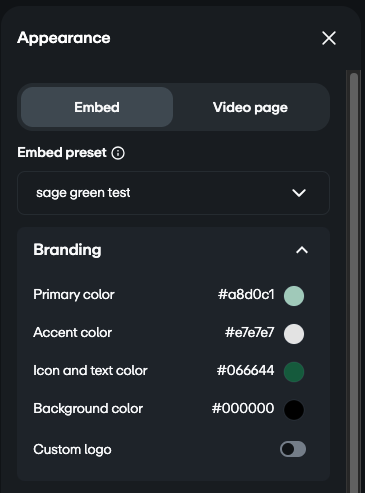Appearance panel in the video settings page