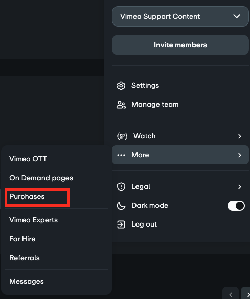 Settings drop down menu with 'More' and 'Purchases' options highlighted