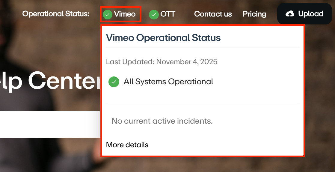Die Vimeo-Betriebsstatuskarte zeigt „Alle Systeme betriebsbereit“ und „Keine aktuellen Störungen“ an.