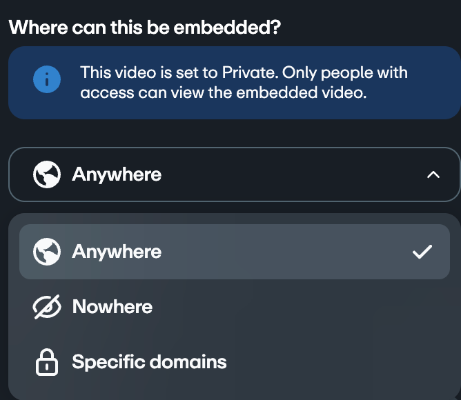 Dropdown-Menü mit den Datenschutzeinstellungen zum Einbetten und dem Titel „Wo kann dies eingebettet werden?“