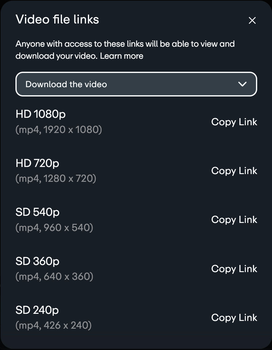 Ein modales Fenster mit dem Titel „Links zu Videodateien“. Ein Dropdown-Menü ist auf „Video herunterladen“ eingestellt. Unterhalb des Dropdown-Menüs befindet sich eine Liste der Videoqualitätsoptionen für direkte Download-Links: HD 1080p (mp4, 1920 x 1080), HD 720p, SD 540p, SD 360p und SD 240p. Nach jeder Qualitätsoption folgt ein „Link kopieren“-Button.