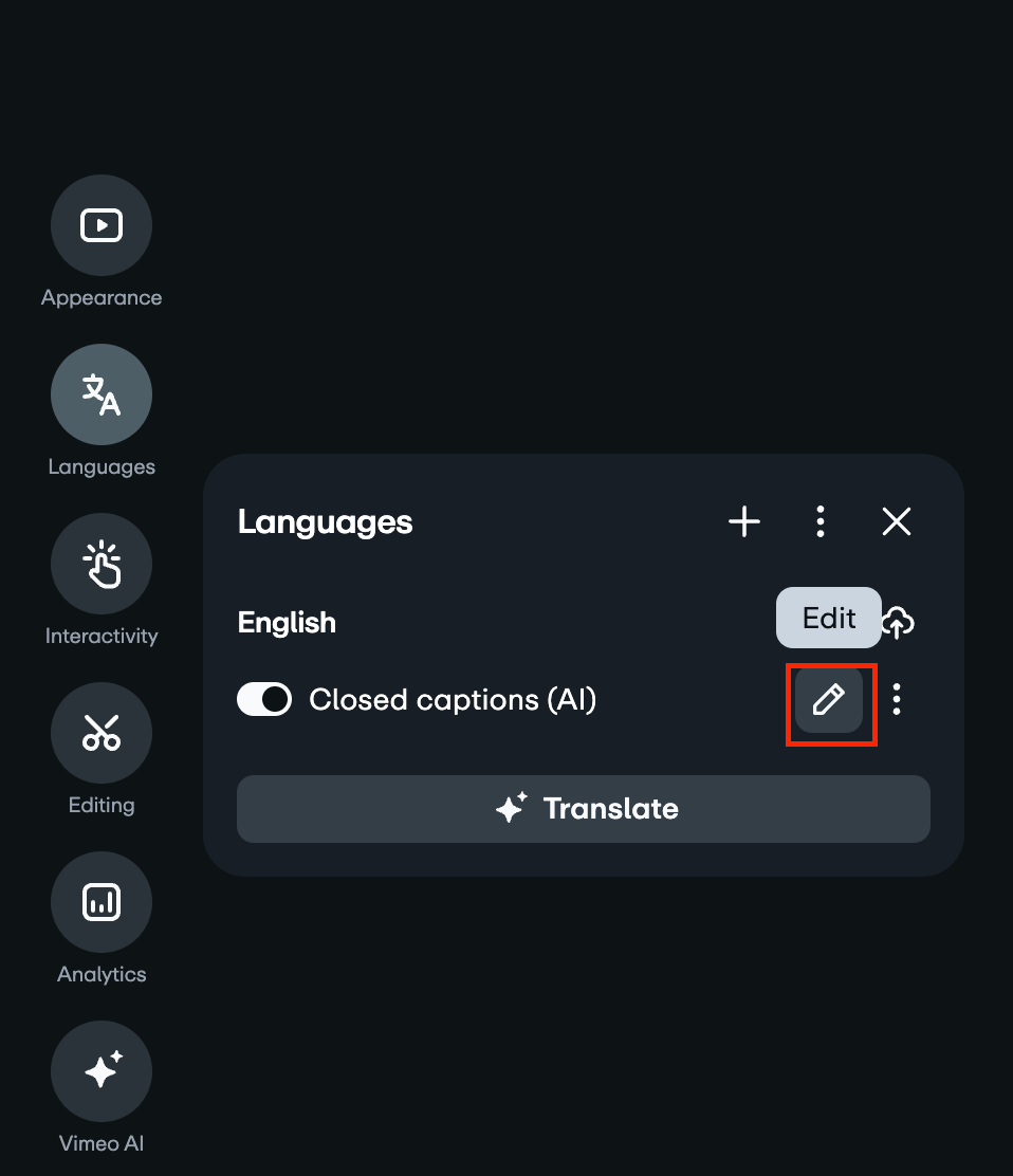 Captura de tela mostrando um painel de navegação vertical à esquerda com opções como "Aparência", " Idiomas", " Interatividade", " Edição" "Análises" e "Vimeo AI". Um menu modal ou suspenso para " Idiomas" está aberto. No menu Idiomas, a opção de editar as legendas ocultas (cc) está visível, e o ícone de relógio associado às legendas ocultas (cc) é destacado por uma caixa vermelho.