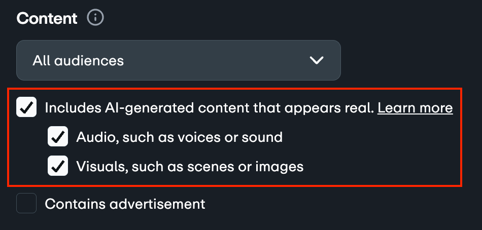 As configurações de divulgação de conteúdo, destacando as opções para identificar conteúdo gerado por IA e especificar se ele inclui áudio ou imagens.