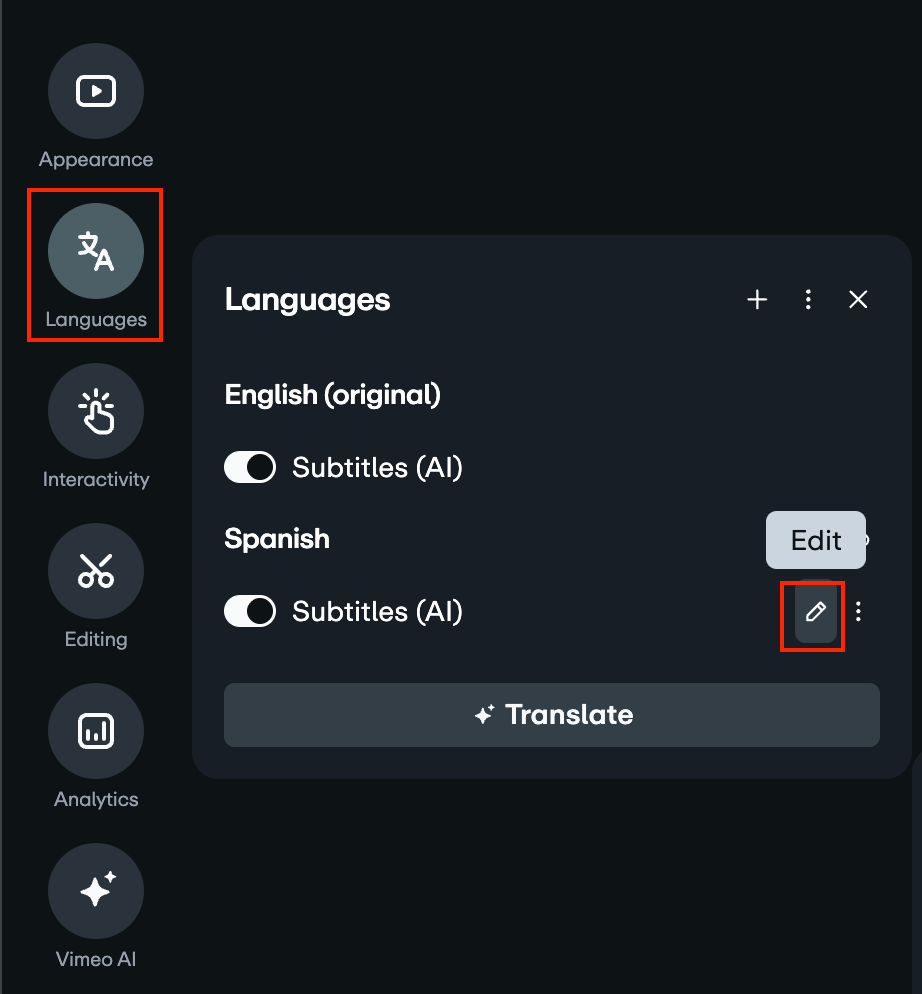 Página de configurações de vídeo. à esquerda, um menu de navegação lateral inclui ícones para Aparência, Idiomas, Interatividade, Edição, Análises e Vimeo AI, com "idioma" em destaque. O painel " Idiomas" expandido mostra as entradas em "ing O botão “traduzir” está abaixo deles. Um ícone de editar em formato de lápis na linha "Espanhol" também é destacado com uma dica de ferramenta aparecendo como "editar". 