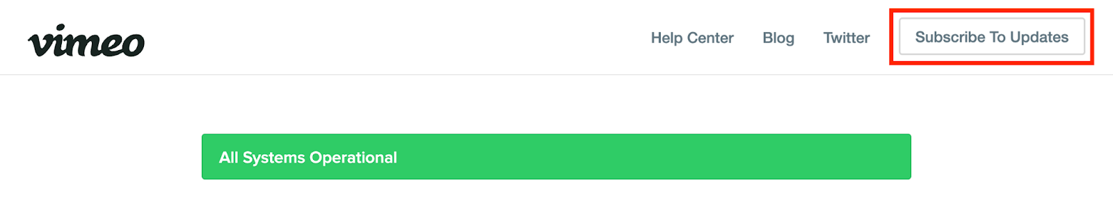 O cabeçalho da página de status do Vimeo, que inclui o logotipo do Vimeo, links de navegação para "Central de Ajuda", "Blog" e "Twitter" e um botão "Inscrever atualizações" em destaque. Abaixo do cabeçalho, um banner grande verde diz "Todos os sistemas operacional".