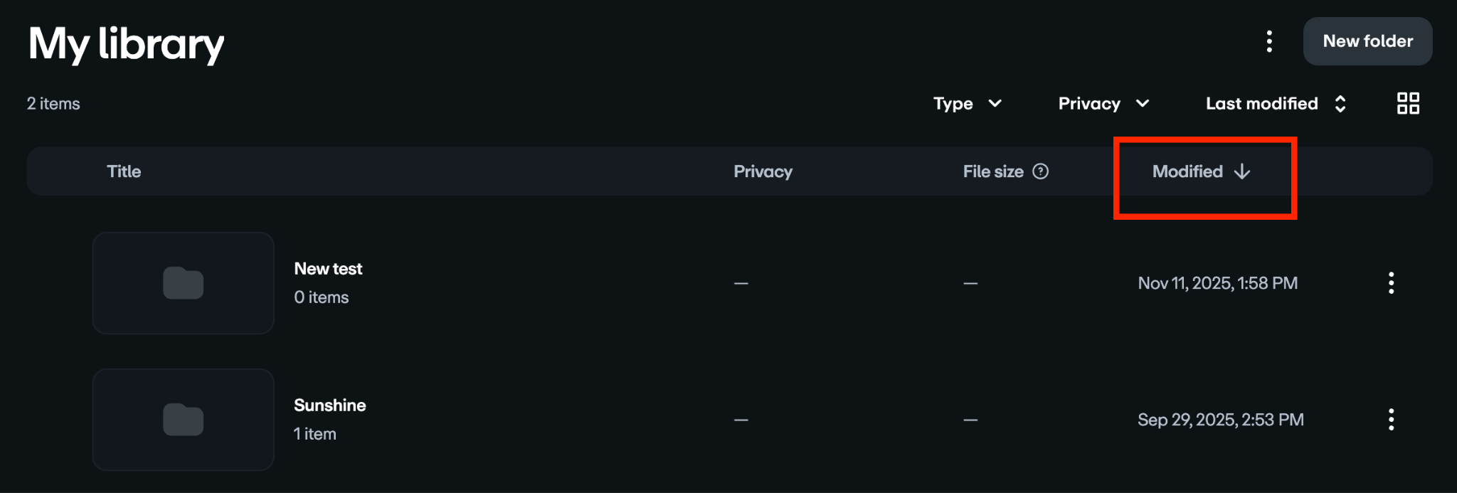 The "Modified" sort button in the video library, highlighted with a red box.
