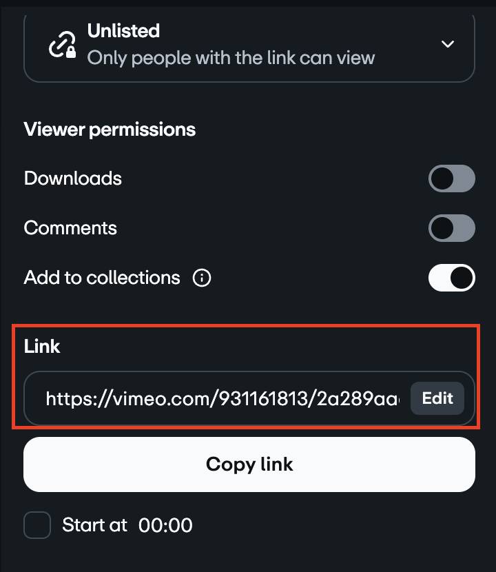 Share side panel with Link section highlighted