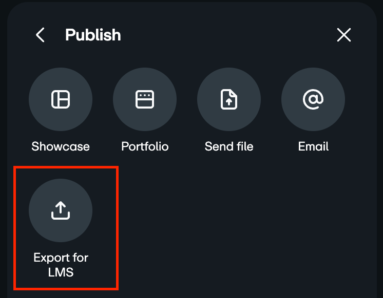 Publish" menu with a button labeled "Export for LMS" highlighted.