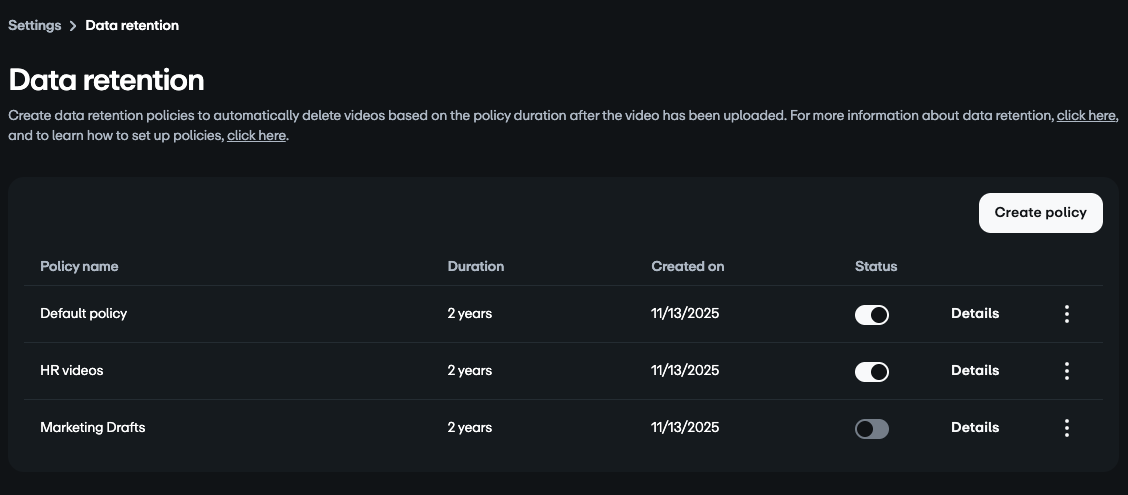 Data retention settings page