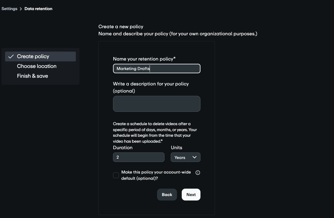 Create a new retention policy page