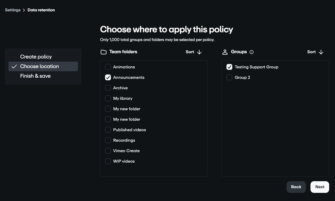 Choose location section for the policy with a team folder and a group checked off