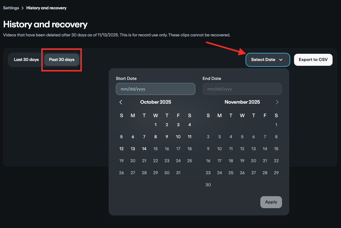 History and recovery page with Past 30 days and Select Date buttons highlighted
