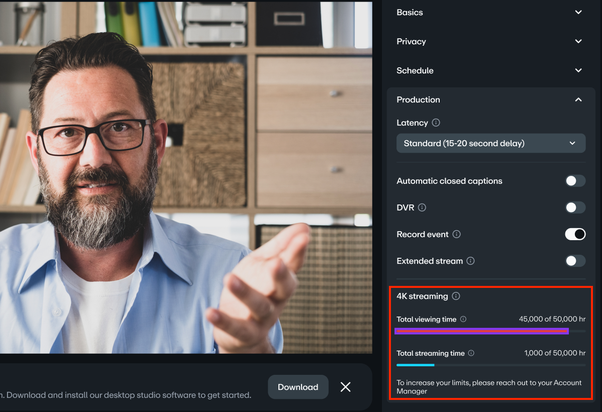 A stream's Production settings menu, with the '4K streaming' section highlighted. This section shows progress bars for 'Total viewing time' and 'Total streaming time' usage against their 50,000-hour limits.
