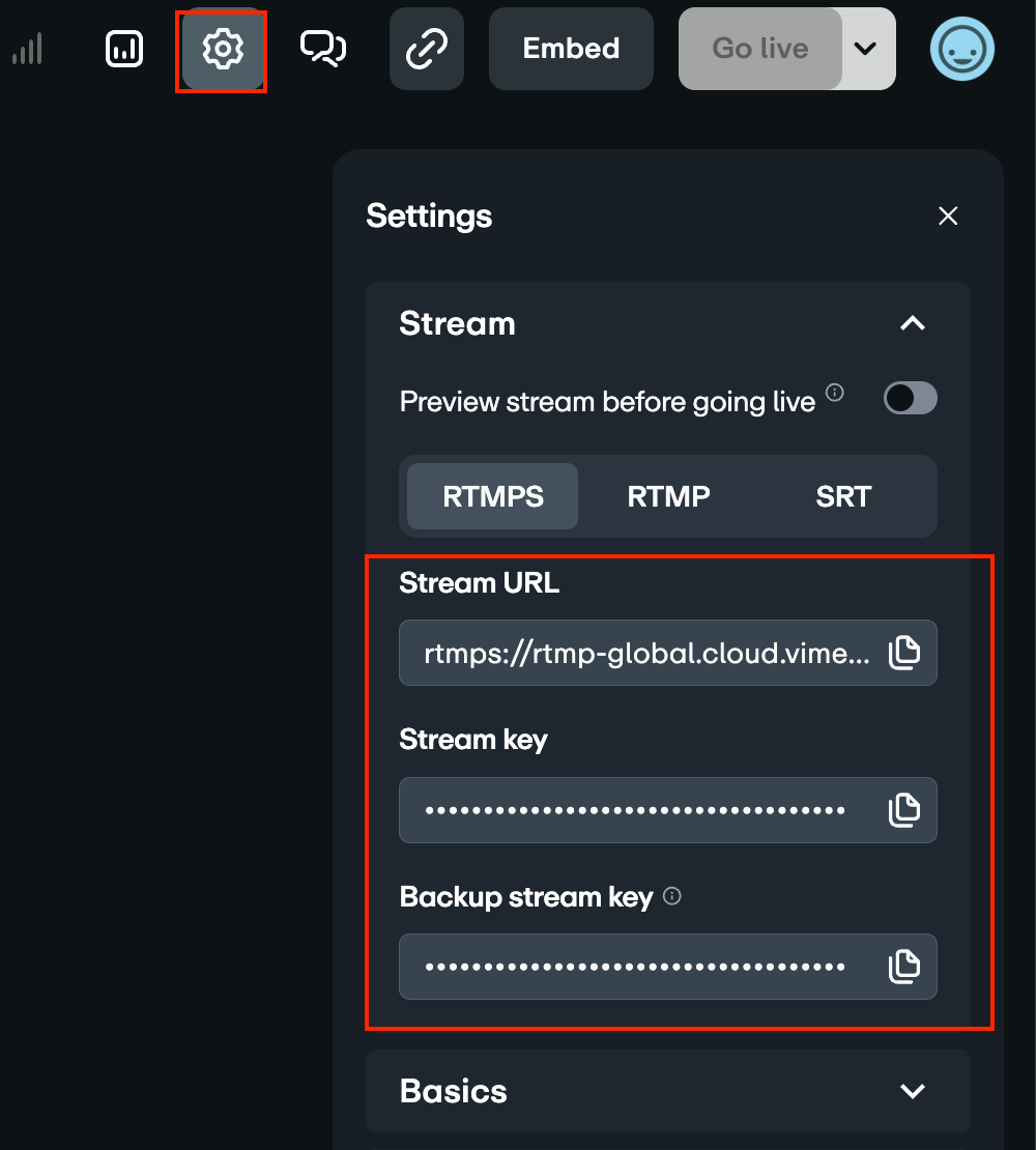 The RTMP stream settings panel. A red box highlights three fields: 'Stream URL,' containing a URL; 'Stream key,' and 'Backup stream key,' both containing masked keys. All fields have a 'copy' icon.