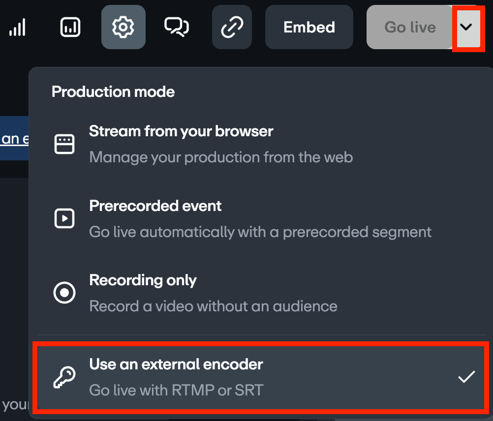 The Go Live dropdown menu expanded, displaying different production modes for a live event. The option 'Use an external encoder', which allows going live with RTMP or SRT, is  outlined with a red box.