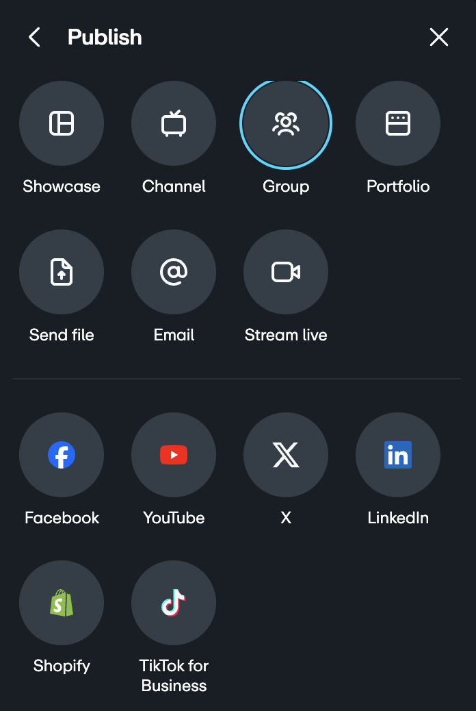 Painel de Publicar com grupo em destaque. 