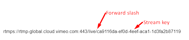 Um exemplo de URL de transmissão. Uma seção Uma segunda seta marcada com "chave de transmissão" pontos para a sequência Alphanumeraa final, representam a chave de transmissão.