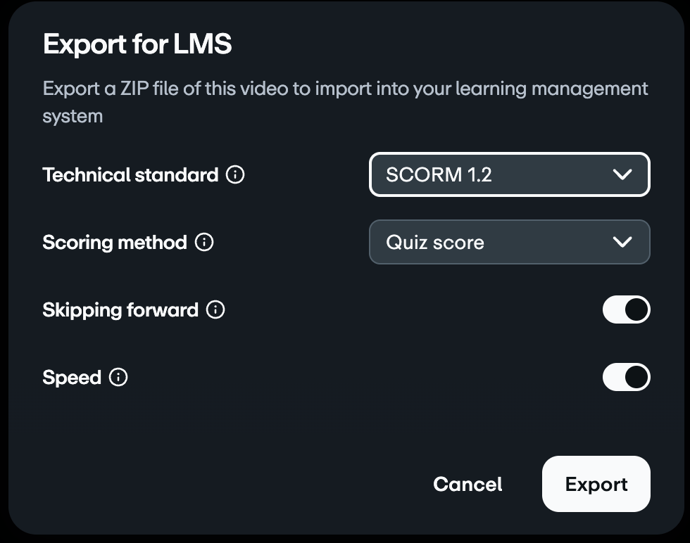 Exportar para LMS" en la pantalla de configuración. El estándar técnico está establecido en SCORM 1.2 y el Método de puntuación en Puntuación del cuestionario. Las opciones para Avanzar y Velocidad están desactivadas.