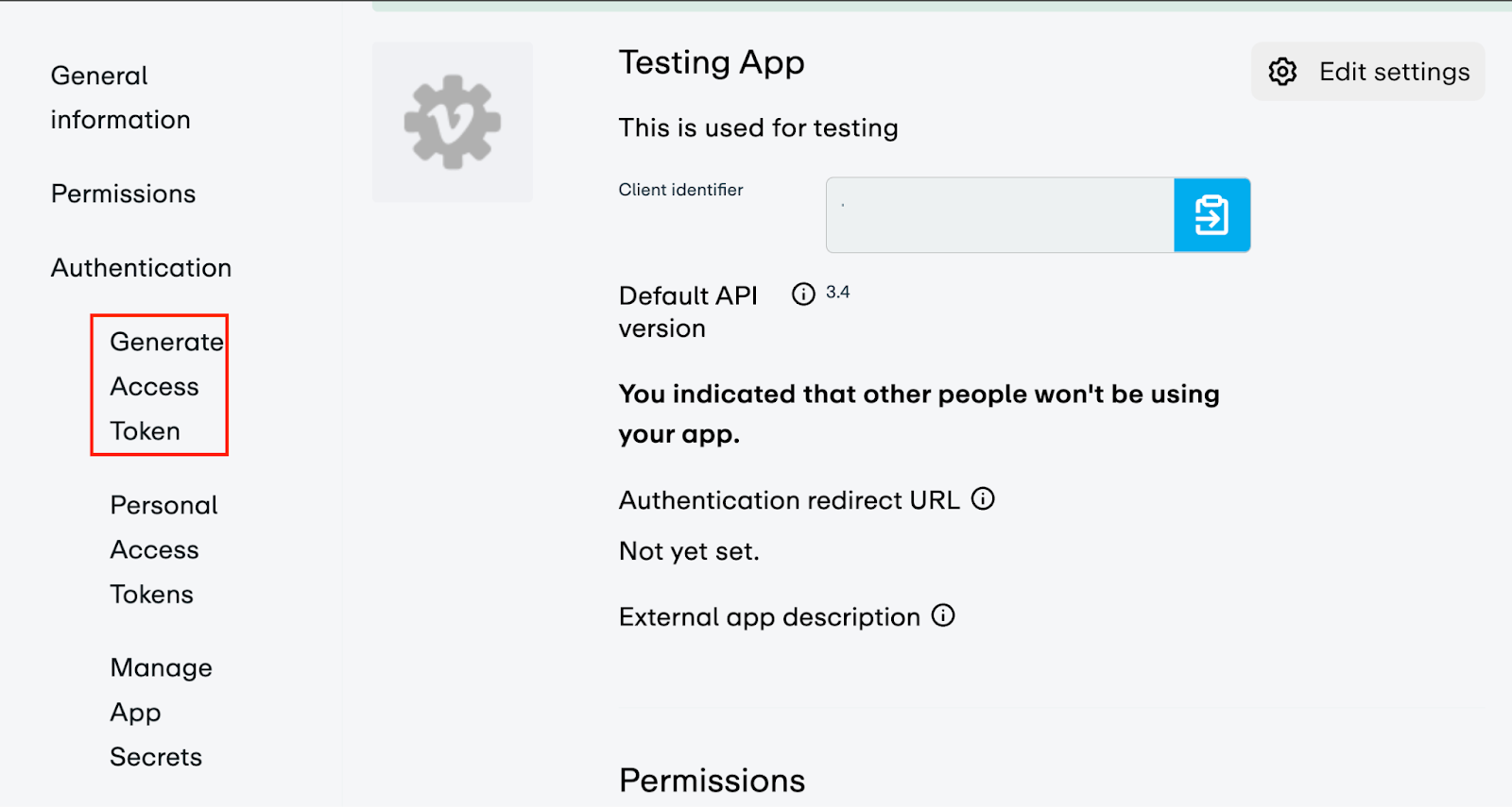 L'option « Générer un jeton d'accès » est mise en évidence dans la section « Authentification » de la barre d'outils de gauche de la page des paramètres de l'application.