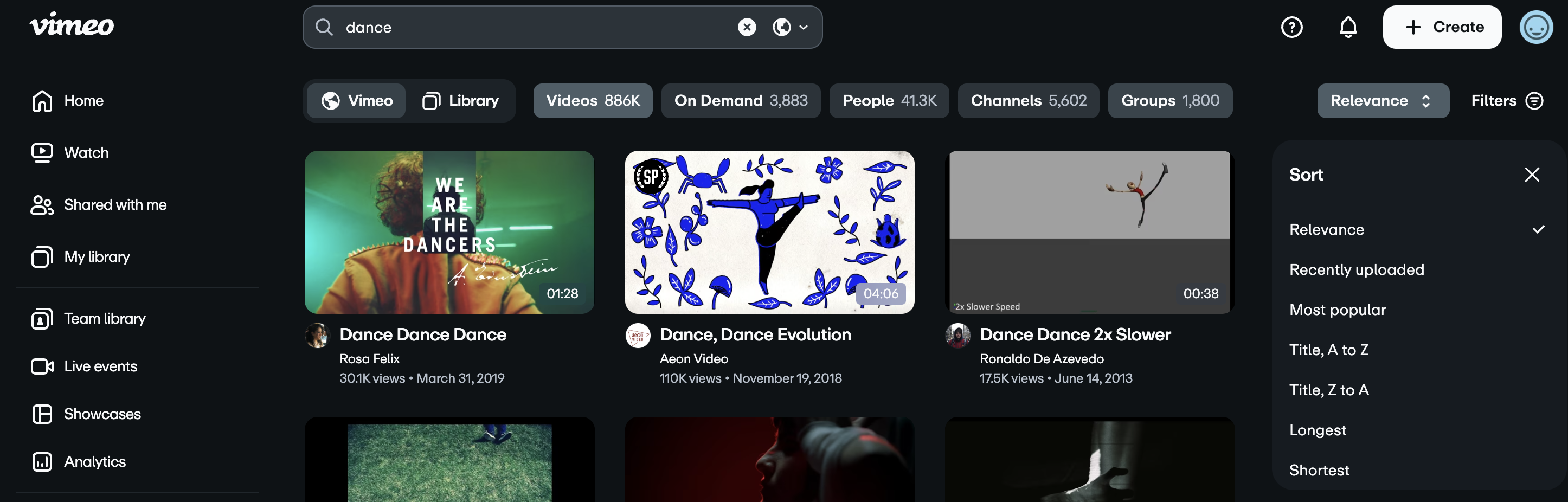 Vimeo search results page with the Sort dropdown menu open on the right side.