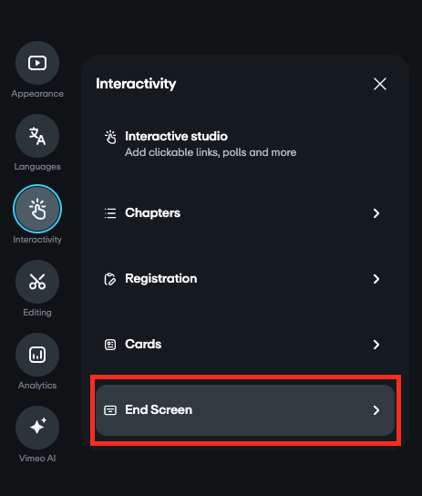 Interactivity tab with end screen option highlighted