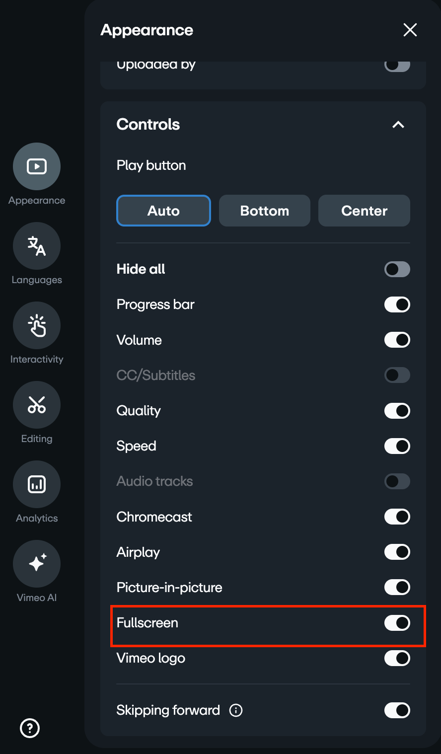 screenshot showing the appearance tab open and the control tab below the appearance tab with the fullscreen toggle set to on and highlighted.
