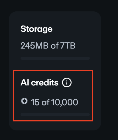 The Vimeo sidebar menu on the home page. The AI credits section, highlighted in a red box at the bottom show that 15 of 10,000 credits were used.