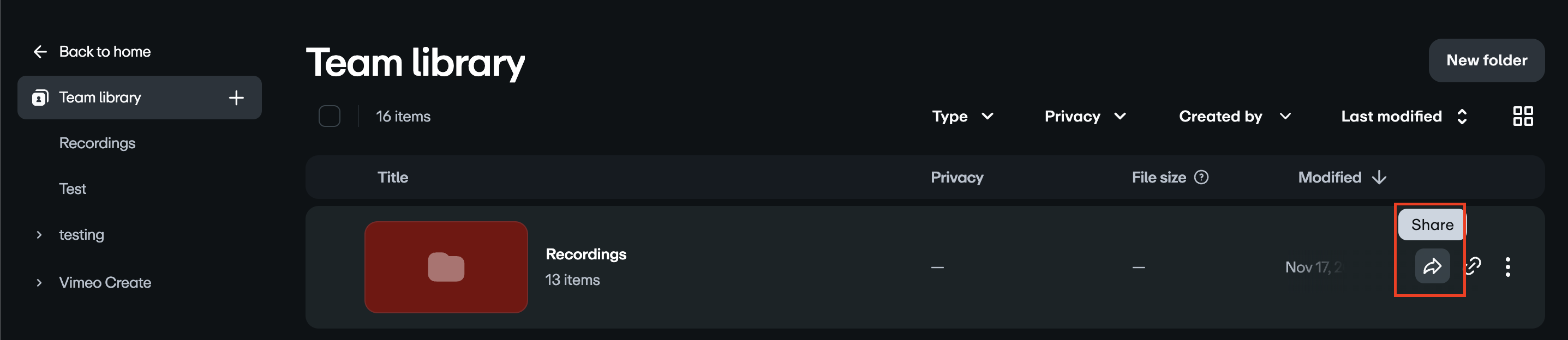 Team library page with share button for folder highlighted