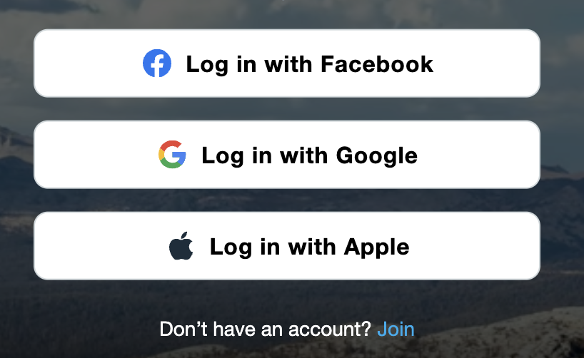 Die Anmeldeoptionen von Drittanbietern zeigen Schaltflächen für „Mit Facebook anmelden“, „Mit Google anmelden“ und „Mit Apple anmelden“.