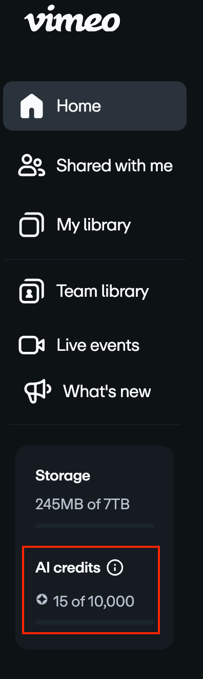 O menu da barra lateral do Vimeo na página inicial. A seção de créditos de IA, em destaque em uma caixa vermelho na parte inferior mostra um saldo de 15 de 10.000 créditos.