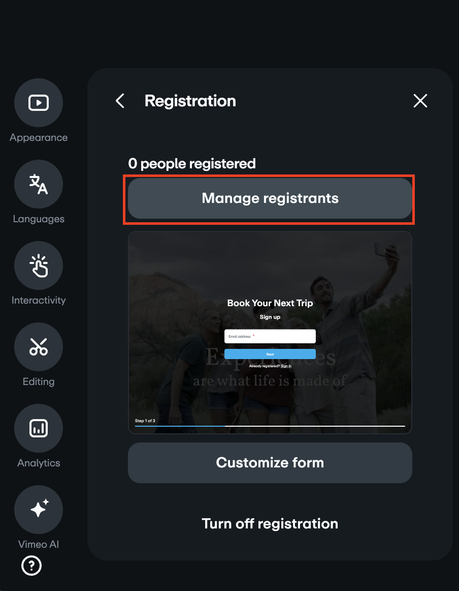 Pestaña de registro abierta con gestionar inscritos resaltado