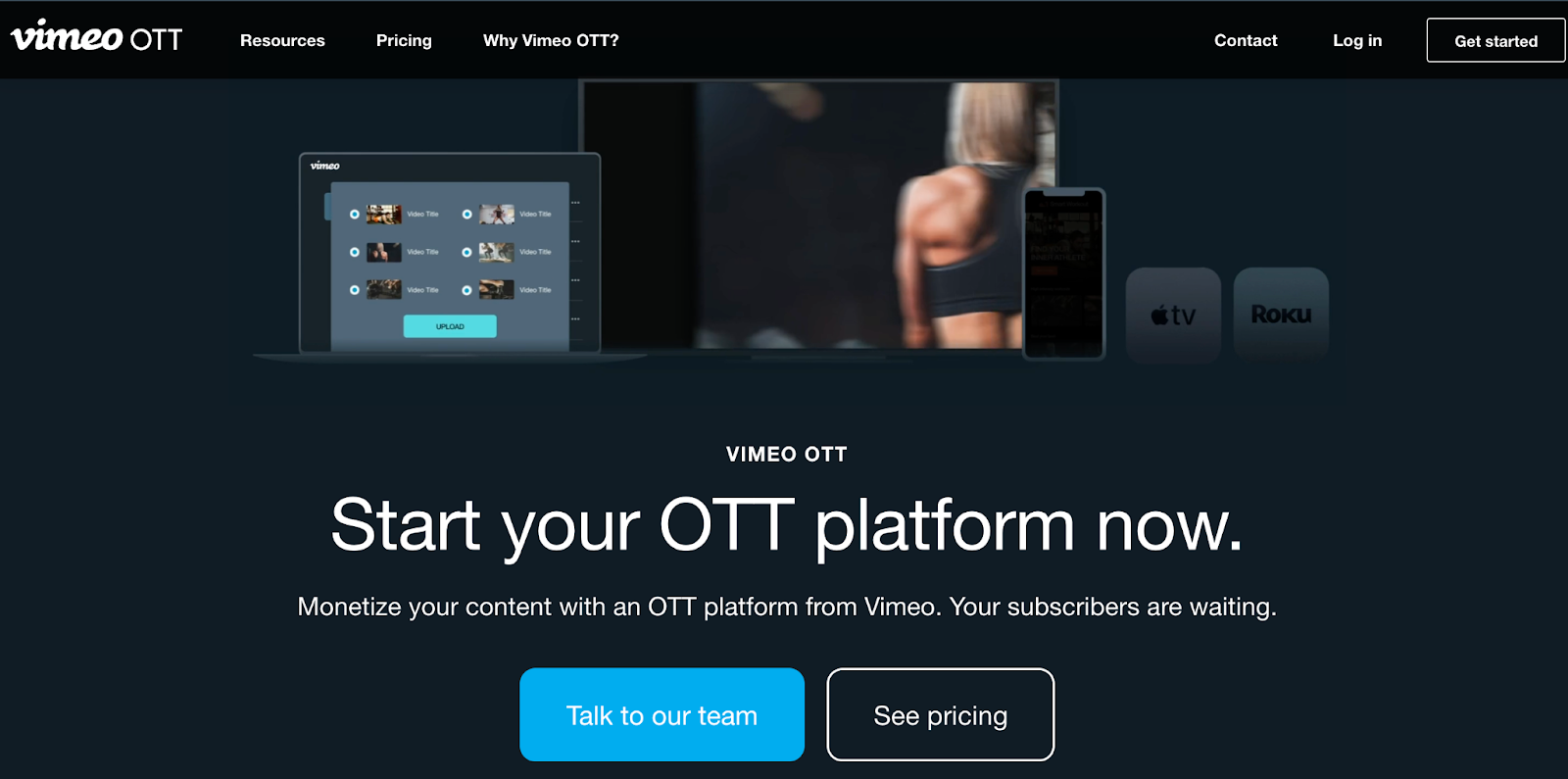 Página de destino de Vimeo OTT que promociona "Inicie su plataforma OTT ahora", que muestra dispositivos con contenido de video.