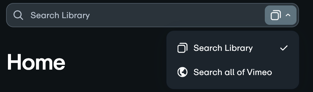 Barra de búsqueda de Vimeo con el menú desplegable abierto que muestra las opciones "Buscar en la biblioteca" y "Buscar en todo Vimeo".