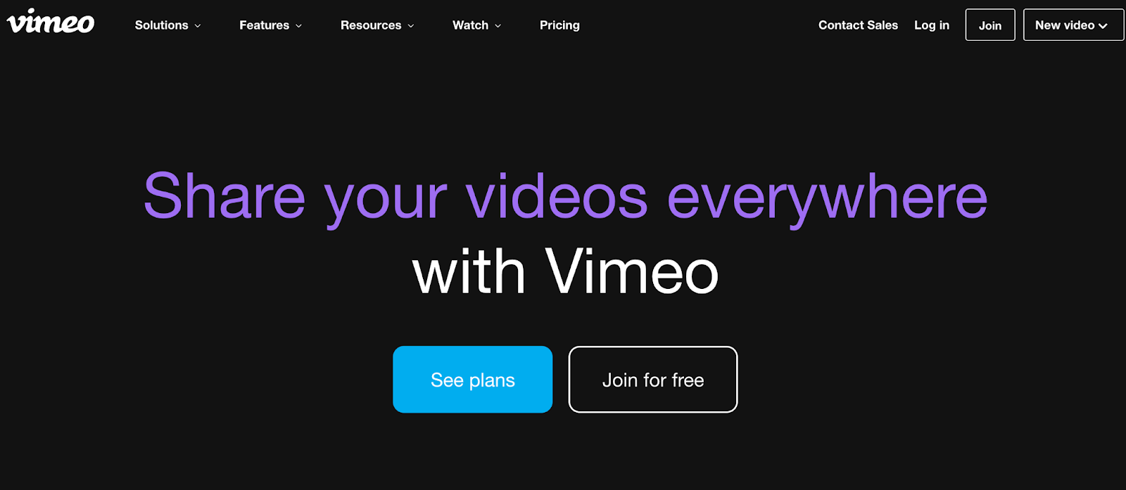 Página de inicio de Vimeo con el título "Comparta sus videos en todas partes con Vimeo".