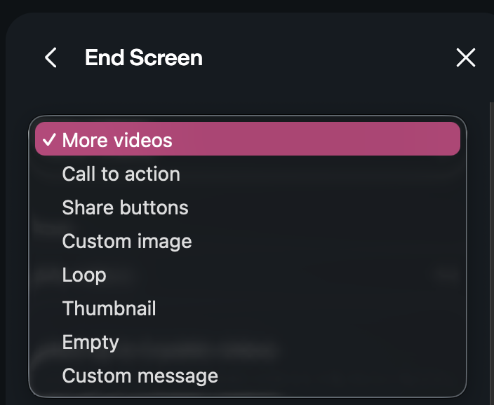 End screen panel with drop down displaying all the options