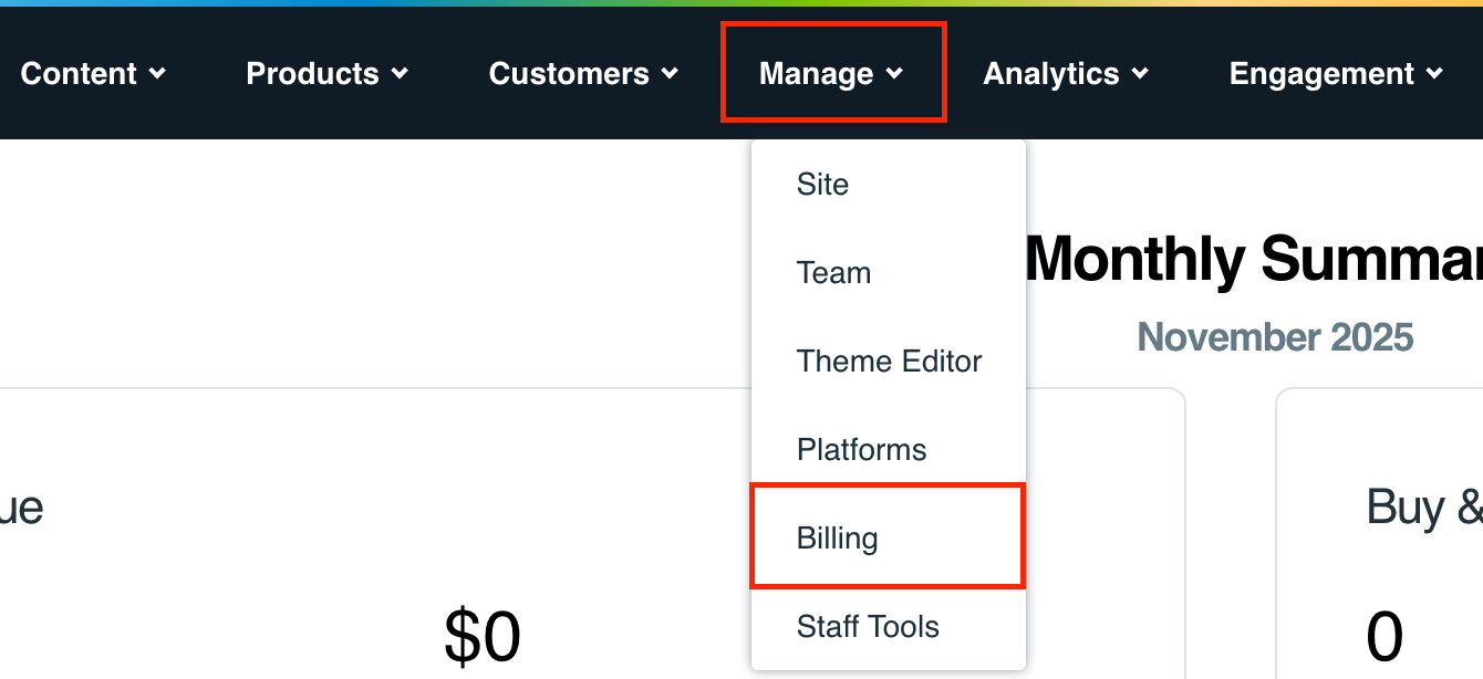 An image showing Manage option highlighted in red and a drop down from that highlighting the Billing tab