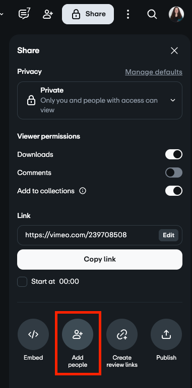 El panel lateral derecho de las páginas de configuración de video está abierto con varias opciones para compartir. En la parte inferior, la segunda desde la izquierda, está la opción Agregar personas, que está resaltada aquí.