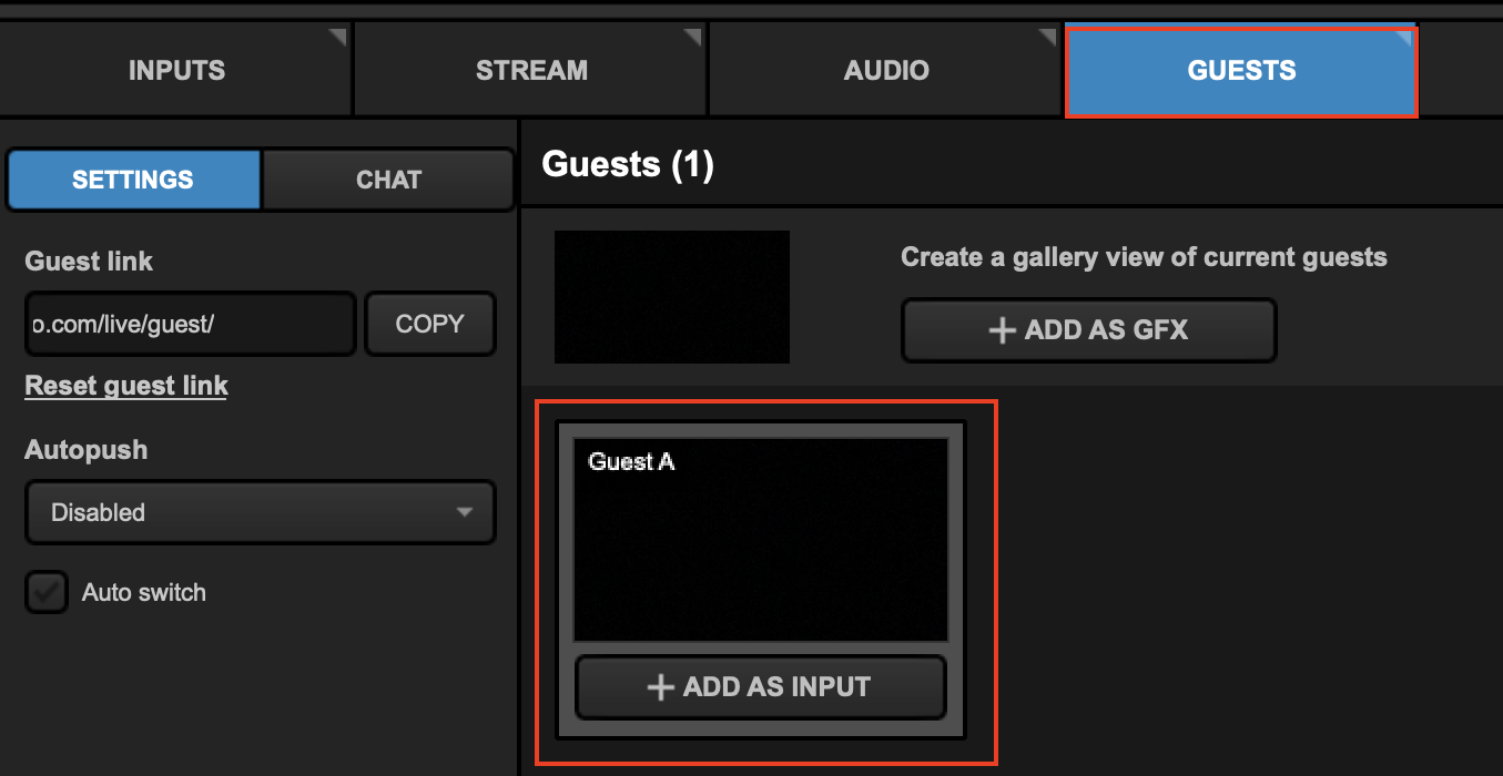 The 'Guests' tab in Livestream Studio. In the main view, a red box highlights the video feed for 'Guest A' and the button immediately below it labeled '+ Add as Input'. A settings panel on the left shows a guest link, a button to reset the guest link, a dropdown menu for Autopush, and a checkbox for Auto switch.