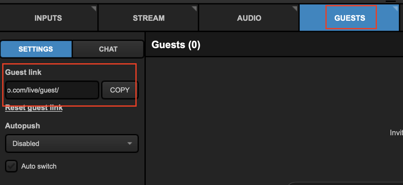 The Livestream Studio interface with the 'Guests' tab selected. The 'Guest link' section below is highlighted on the left of the menu, containing a URL field and 'COPY' button.